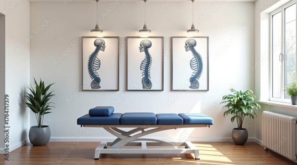 Obraz premium Consultorio quiropráctico con mesa de ajuste ergonómica, paredes blancas impolutas e ilustraciones enmarcadas sobre la alineación de la columna vertebral