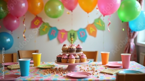 Mesa de fiesta de cumpleaños infantil con platos desechables, globos, cupcakes y decoraciones alegres