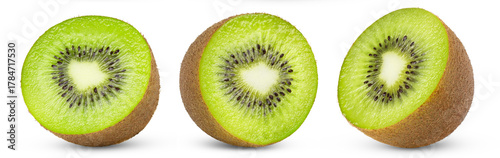 Half of kiwi fruit collection. Set of kiwi slices isolated on white background.