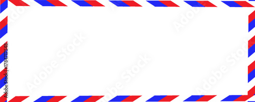 Airmail Envelope frame images with strips. International vintage letter border. Retro air mail postcard with blue and red stripes.  Empty classic postal frame. Vector illustration