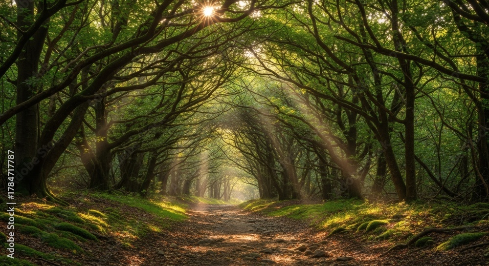 Fototapeta premium Enchanting Sunlight Illuminates Majestic Forest Pathway Scene