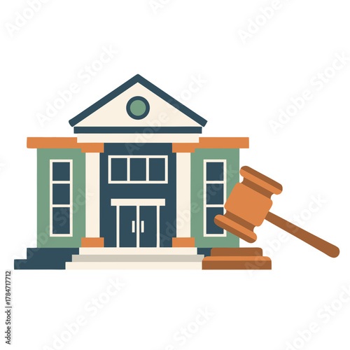 Vector Illustration of a Courtroom Building with a Gavel Ready for a Verdict in a Bright Minimalist Flat Design Style