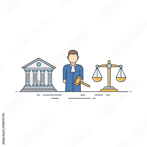 Vector illustration of a judge holding a gavel standing between a courthouse and scales of justice in minimalist pastel tones and white background