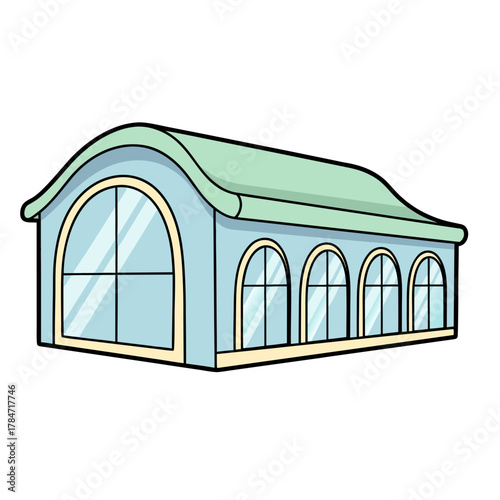 Vector illustration of a modern general hospital building with arched blue tinted glass windows and a light green roof
