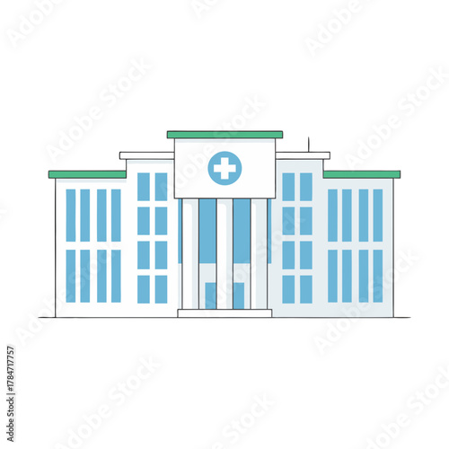 Vector Illustration of a Modern Hospital Building With Tall Glass Windows and a Blue Cross Symbol on a Clean White Background Representing Healthcare and Medical Services