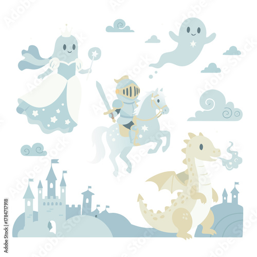 Whimsical Fantasy Characters Including A Knight On Horseback A Dragon A Princess Ghost And A Castle In A Dreamy Blue And White Palette Perfect For Childrens Stories And Fantasy Art