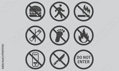 Collection of prohibitory and warning signs for safety and restrictions