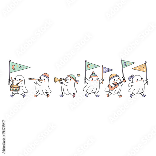 Whimsical Flat Vector Illustration of Cute Ghosts in a Parade Carrying Flags and Playing Instruments with Clean Lines on Black Background