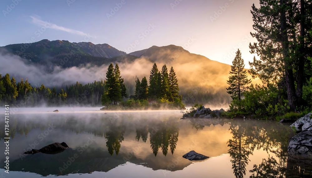 Fototapeta premium Tranquil sunrise on a lake with forested island, reflected light, misty air, and distant mountains backdrop
