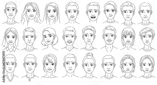 Collection of diverse, stylized, line-art portraits showcasing various facial expressions