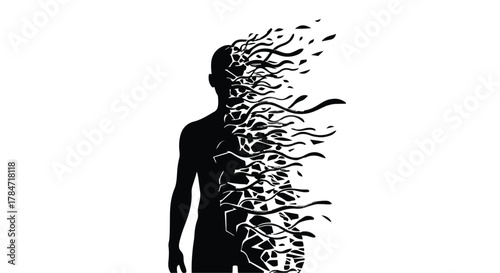Silhouette of a person dissolving into abstract particles, symbolizing loss or transformation
