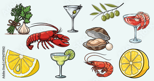 Vibrant seafood feast and refreshing cocktails, perfect for culinary promotions and summer vibes