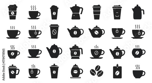 A diverse collection of black silhouette icons representing hot beverages like coffee and tea, perfect for cafe menus and graphic design elements