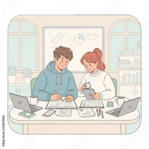 Two Young People Collaborating on a Project Together at a Desk with Laptops and Papers in a Brightly Lit Room with Plants and Windows