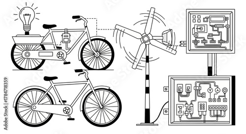Bicycles and Wind Turbine Generating Electricity Diagram.