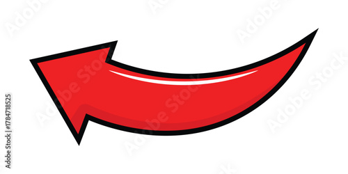 A curved red cartoon arrow pointing left isolated on white background, used for navigation, direction, and visual guidance in designs