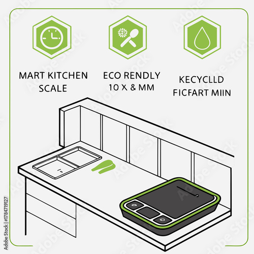 Kitchen counter with a digital scale and sink illustration