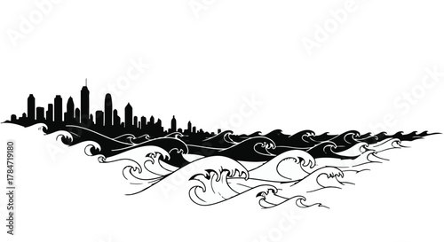 Urban skyline threatened by rising ocean waves, symbolizing climate change and environmental concern
