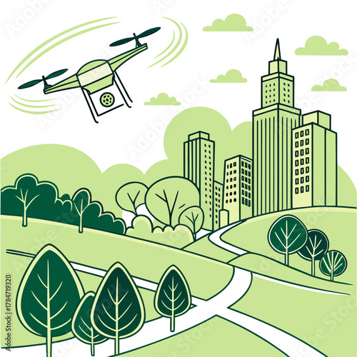 Drone delivering package over a green city park with skyscrapers