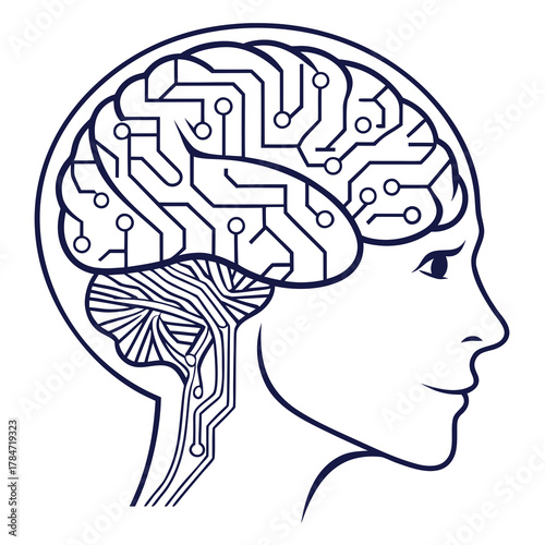 Human head silhouette with circuit board brain and neural network