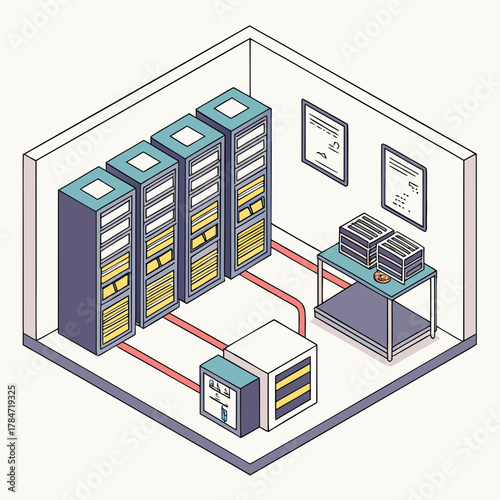 Isometric illustration of a server room with racks and equipment