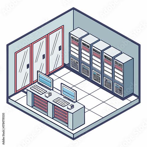 Isometric illustration of a server room with computers and racks