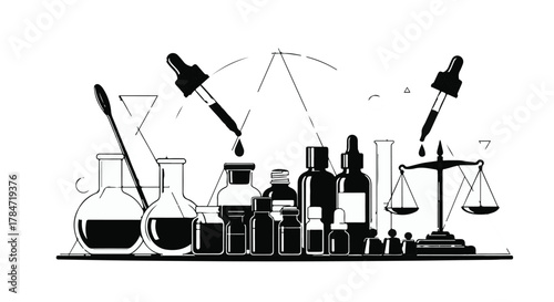 Scientific laboratory equipment with droppers and weighing scale symbolizes research and precision in chemistry.