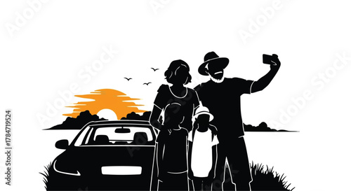 Happy family silhouetted taking a selfie on a road trip adventure at sunset