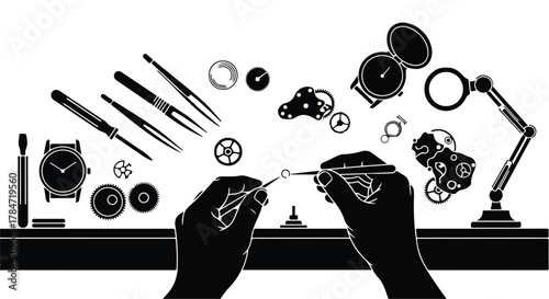 Skilled hands meticulously assemble intricate watch parts with precision tools.