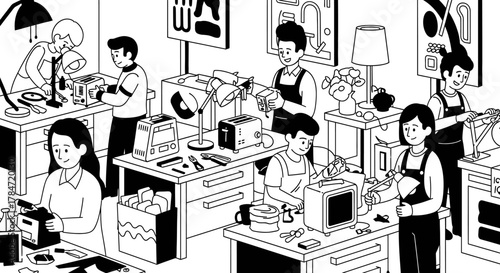 Busy Workshop Scene with Workers Assembling Electronics.