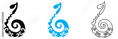 Maori tattoo style fish hook. Ethnic decorative oriental ornament with Frangipani Plumeria flowers. Vector illustration. EPS 10