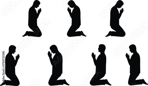 Silhouette of Kneeling Person Praying in Devotion, Spiritual Worship Pose, Black Vector Icons for Religion, Meditation, Faith Concepts
