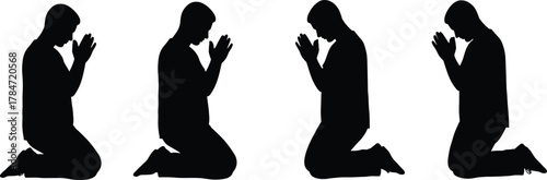 Silhouette of kneeling person praying in spiritual posture, symbolizing devotion, meditation, faith, religion, worship, and inner peace concept.