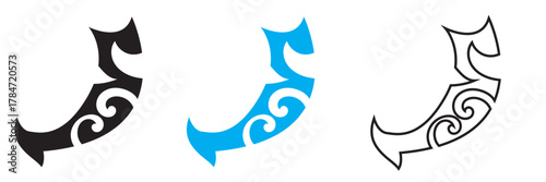 Maori tattoo style fish hook. Ethnic decorative oriental ornament with Frangipani Plumeria flowers. Vector illustration. EPS 10