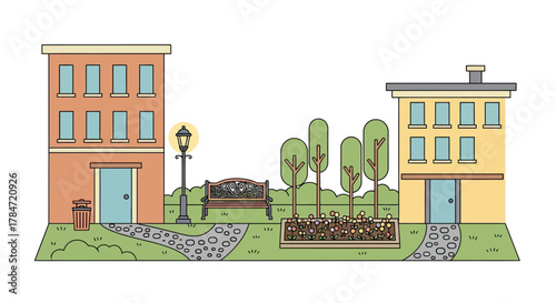 Charming cartoon city street with buildings and a public park.