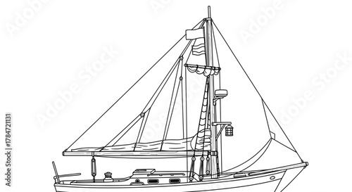 Classic sailboat line art illustration on a white background.