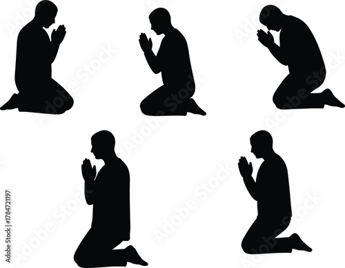 Silhouette of Kneeling Person Praying in Various Postures for Spirituality, Meditation, Worship, Faith, Religion, and Emotional Reflection Concepts
