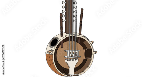 Close-up of a unique stringed musical instrument, resembling a banjo with intricate details.