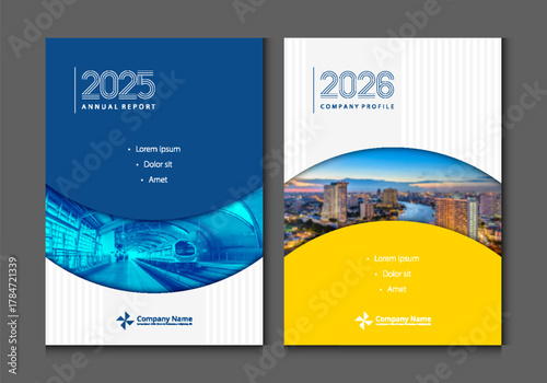 Cover design 2025 annual report, 2026 company profile business catalog brochure magazine flyer booklet poster banner. A4 template design element cover vector.