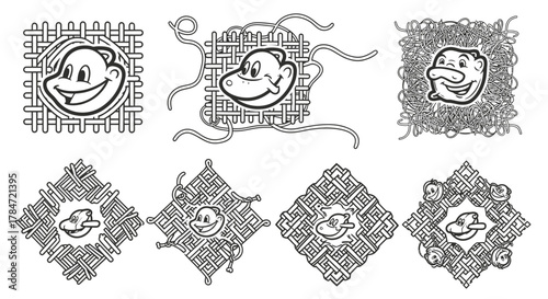 Cartoon faces woven into intricate patterns, showcasing playful expressions.