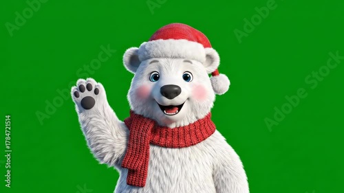 Cute Christmas Polar Bear Waving on Green Screen – Seamless Loop