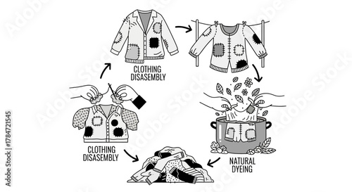 Clothing Upcycling Process - Disassembly, Dyeing, and Reassembly Illustration.