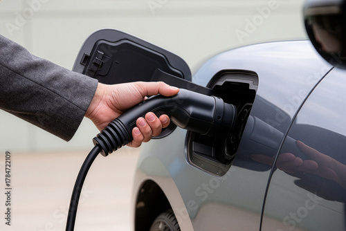 Close up of businessman charging his hybrid car. AI Generate