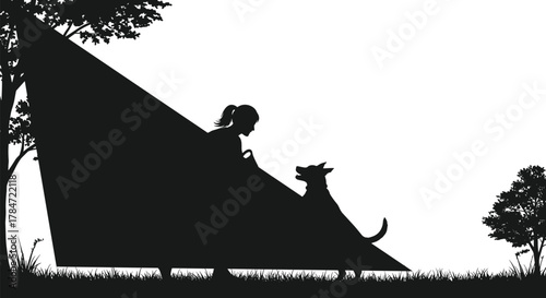 Silhouette of person and dog near camping tent in forest, peaceful outdoor scene with trees, grass, and companionship moment