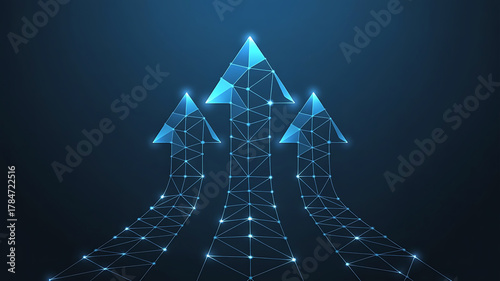 Abstract digital network arrows pointing upwards for business growth success or development