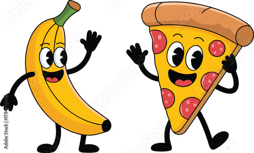 Cartoon banana, pizza slice, food characters, smiling faces, playful illustration, anthropomorphic snacks, fun design, kids theme, cheerful food art, white 