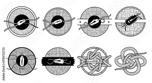 Collection of Circular Emblems Featuring Microscopic Organisms and Abstract Designs.