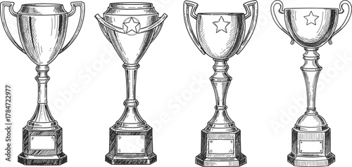 Trophy cup collection, award success, achievement celebration, victory symbol, championship prize, detailed sketch, CAD drawing flat vector illustration