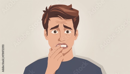 Worried young man biting nails, feeling anxious about the future, experiencing stress, fear, and anxiety in modern life
