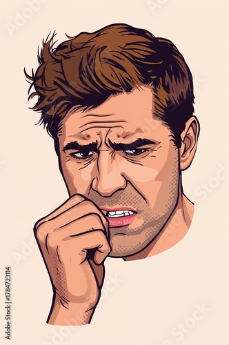 Worried man biting nails, feeling anxious about tough decisions in life, showing stress, anxiety and frustration with mental health issues